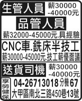 生管人員 送貨司機 CNC車.銑床半技工 品管人員