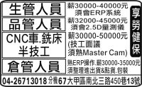 生管人員 倉管人員 CNC車.銑床 半技工 品管人員